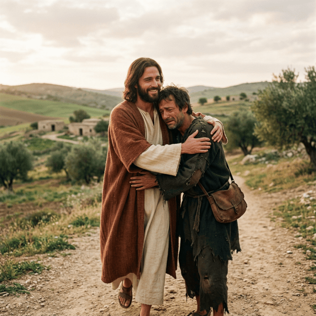 A man in a brown robe hugging and comforting a distressed man in torn clothing on a dirt path in a rural area